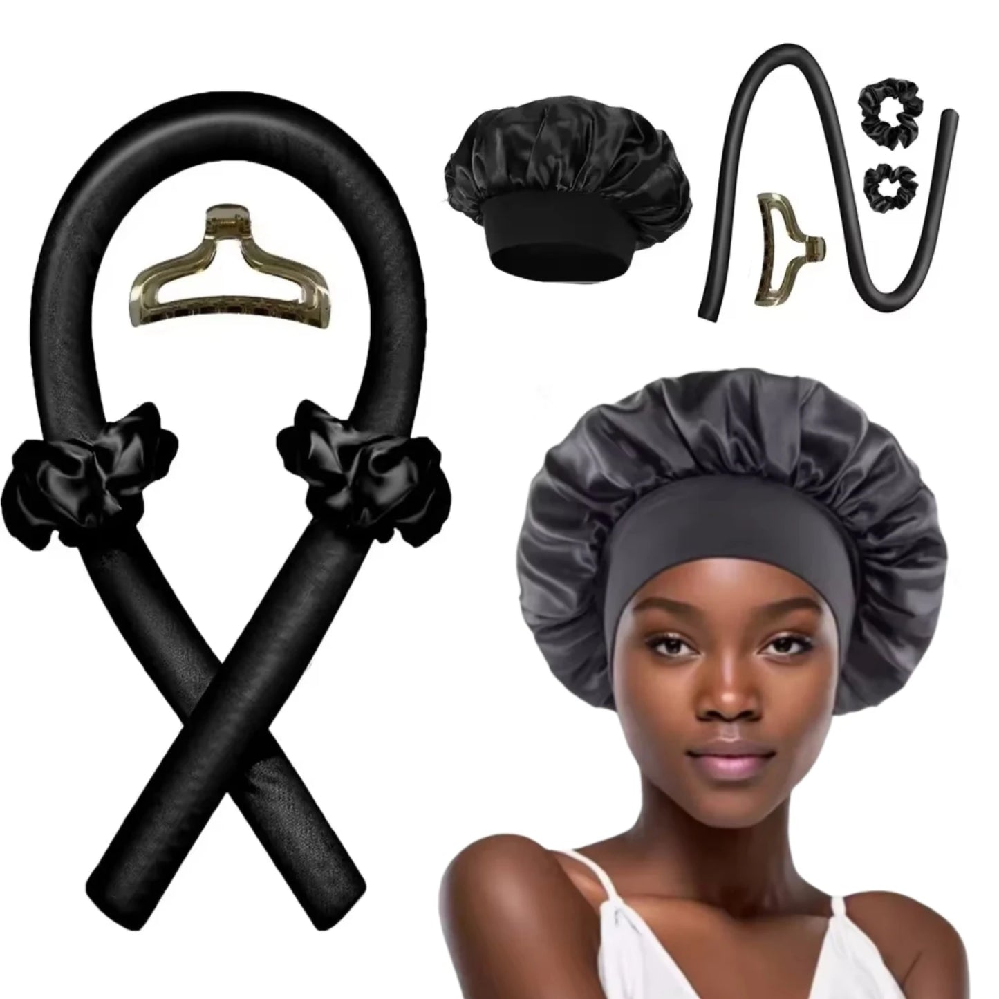 Kit Boucles Sans Chaleur – Bande en Satin avec Bonnet Protecteur et Pinces