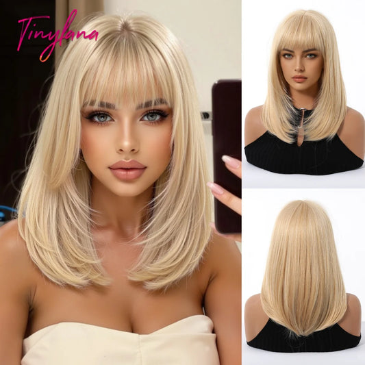 Perruque Lisse Mi-Longue avec Frange – Effet Naturel & Élégant | Alirya